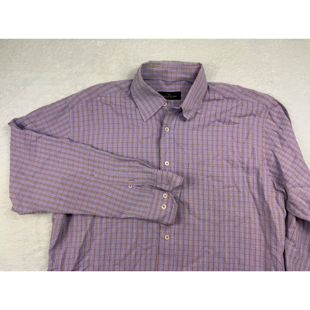 Bugatchi Uomo Mens Purple Tan Check Button Down Shirt Medium Modal Rayon Blend